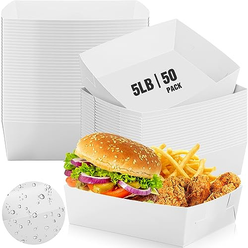 Uiifan 50 Pcs White 5 LB Extra Large Paper Food Trays Disposable Food Boat Nacho Plate Serving Snack Tray Grease Resistant Self-assembly for St Patrick's Day Easter Birthday Party Supply