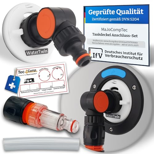 MaJoCompTec® WATERTWIN tankadapter vattenfilterset | husbil vatten tanklock tillbehör | påfyllningsstutsanslutning kompatibel med Gardena (adapter 3-stifts D:78 kompakt filter)
