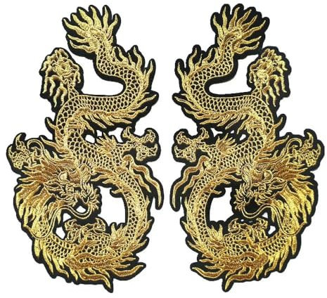 2 Stück goldene Drachen, 29 cm, bestickte Aufnäher zum Aufnähen, Abzeichen für Kleid, Tasche, Jeans, Hut, T-Shirt, DIY-Applikation, Basteldekoration