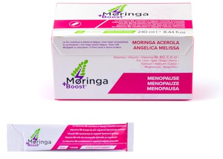 MORINGA+BOOST Ménopause – 20 Gel Sticks – Avec Moringa, Acérola, Angélique et Mélisse – Vitamines B6, B12, C, D, K1, Magnésium, Fer, Calcium – Sans Hormones – Complément Naturel pour Femmes