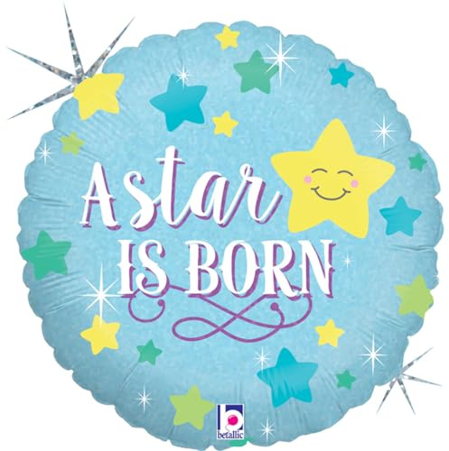 Grabo Runder Ballon Geburt hellblau Made in Italy Ballon für Kinder zur Geburt Babyparty und Gender Reveal, aus Folie mit Strohhalm zum Aufblasen. Bunte Luftballons 35 x 35 cm