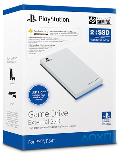 Seagate Game Drive SSD for PS5 2TB, Unidad de Estado sólido, USB 3.2, con Licencia Oficial, Blanca con iluminación LED Azul, Rescue Services (STMH2000100)