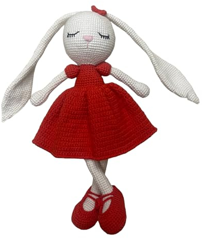 GÜLS Hase, Stofftier, Kuscheltier, Plüschtier, ROT, Schlafbegleiter, Gehäkelt, Handmade 30 cm lang für Mädchen Spielzeug neugeborenes Baby Geschenk Osterhase