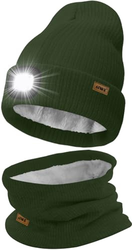 ATNKE LED Mütze mit Licht und Schal Set, Wiederaufladbare USB 4 LED Beleuchtete Laufmütze Winter Warme Gefütterte Fleece Halsschlauch und Stricken Mütze für Herren und Damen Geschenke