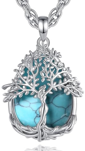 AEONSLOVE Lebensbaum Kette mit Kristall, Baum des Lebens Mondstein Halskette für Damen Türkis Amethyst Anhänger Obsidian Malachit Stein Kette Heilsteine Schmuck