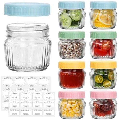 Glass Regular Mouth Mason Jars, Mini Mason Jars 4 oz, 8 Pack Clear Glass Jars with Colorful Plastic Lids, Small Canning Jar for Spice, Jam, Honey, Jelly, Dessert