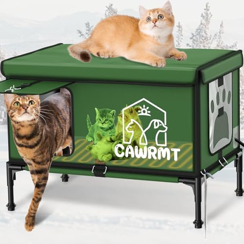 Outdoor Cat House, Waterproof Heated Elevated Cat House for Outside with a Heating Pad, Protect Stray Animal from Rain Snow Hailstone Easy Assembly (Green, XL-26.77 * 17.71 * 20.07)