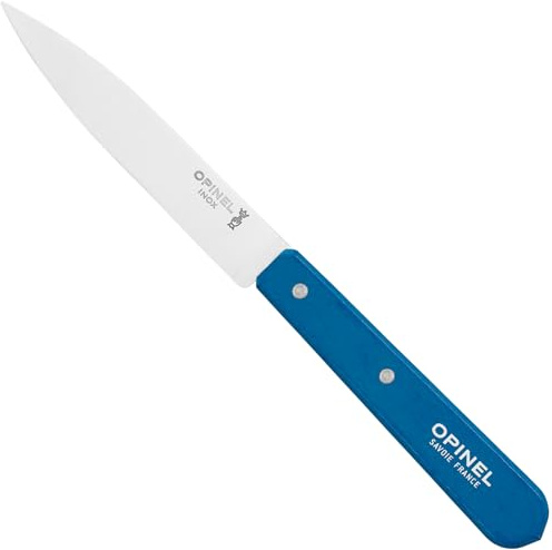 Opinel Gemüsemesser No 112 PAYSAGE blau 10 cm, Küchenmesser mit 12C27 Edelstahlklinge und Buchenholzgriff, feststehendes Obstmesser Made in France