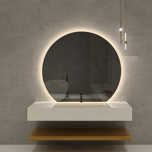 Pealihuy Specchio per il trucco a LED, specchio da bagno intelligente a mezzaluna, specchio da parete dimmerabile antiappannamento, per bagno, soggiorno, decorazione della casa