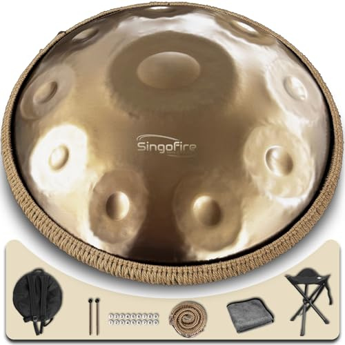 SINGOFIRE Handpan Drum 55.9 cm 432Hz 10 Noten D Moll Kurd Gold | Handpfanneninstrument aus Stahl für Erwachsene, komplettes Set mit Tragetasche, Ständer, Schlägeln und Reinigungstuch zum