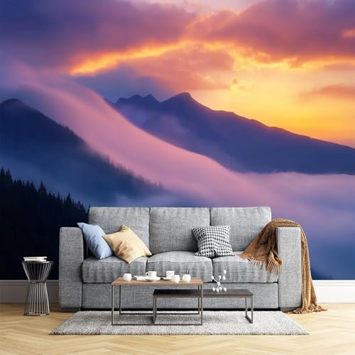 Sonnenuntergang Berge Fototapete - Neblige Landschaft - Größe 260X175Cm (Breite X Höhe) Wandtapete Tapete, Wandbild Wandtattoo Dekoration - Tapete, Kinderzimmer, Kindertapete