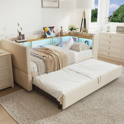 Polsterbett Ausziehbares Bett 90/180x190, Bettgestell mit LED Beleuchtung&Steckdosen&vielen Ablagefächern, Tagesbett Einzelbett Doppelbett Funktionsbett Gästebett, Flannelette, Ohne Matratze, Beige