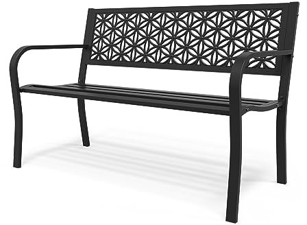 Bonnlo Garden Benches for 2-3 Seaters, Outdoor Patio Bench with Floral Back, Weather Resistant Metal Garden Furniture for Backyard, Black