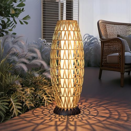 Solar Yard Outdoor Solar Lamp Woven Wicker Boho Lantern Floor Lamp, Decoration for Garden, Deck, Yard, Pathway, Oslo