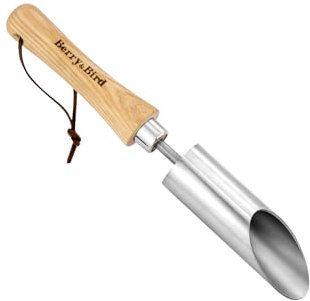 Berry&Bird Stainless Steel Small Bulb Planter Tool, 30cm/12in Garden Transplanter Didder with Wooden Handle and Cowhide Lanyard, Manual Hole Digger for Planting Bulbs, Seeds & Seedlings