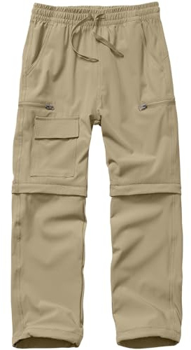 Boys Kids Hiking Cargo Pants, Youth Outdoor Quick Dry UPF 50 Lightweight Waterproof Safari Convertible Zip Off Pants #9022-Khaki-S