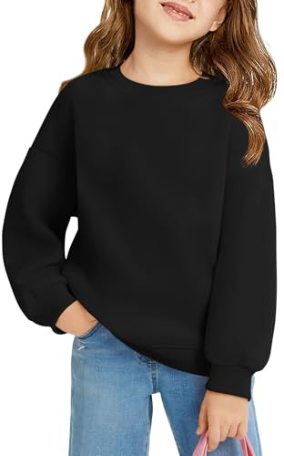 Haloumoning Sweatshirt Mädchen Rundhals Oversized Pullover Kinder Leichtgewicht Sport Langarmshirt Einfarbig Basic Langarm Tops 5-14 Jahre, Schwarz, 9-10 Jahre