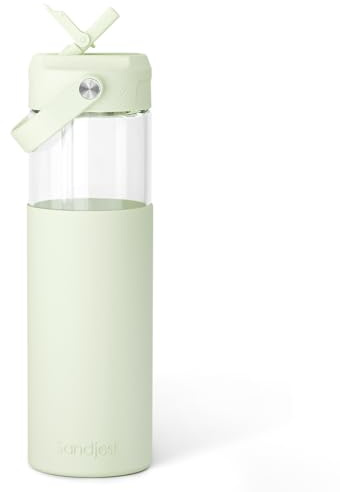 SANDJEST Glass Water Bottle with Silicone Sleeve and Straw Lid 20oz for Girls Women, Glass Drinking Bottles for Travel Home Gym Sports (Pistachio Mist)
