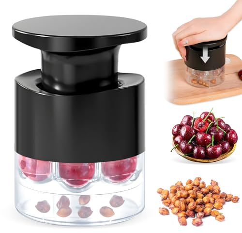 Cherry Pitter Multiple,2025 Quickly Release Multi Cherries Stoner Pitter,7-Hole Push Button Cherr'y Core Pit'ter Tool with Splatter Protector,Pit Seed Remover for Making Cherry Jam, Black