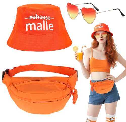 Saier tbo 3 Stück Orangen Fischerhut Zubehör Set, Aperol Fasching Kostüm Accessoires mit Anglerhut Gürteltasche Herzsonnenbrille für Damen Herren Obst Mottoparty Party Fasching Cosplay