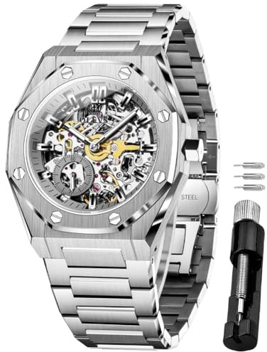 OLEVS Montre à remontage automatique pour homme - Tourbillon mécanique automatique en acier inoxydable - Étanche - Lumineuse - Montre de luxe
