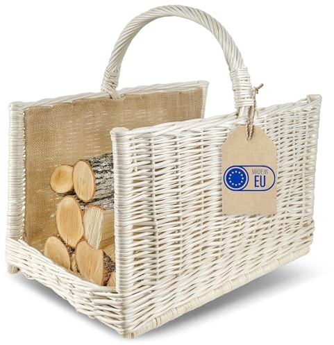 Creative Home Blanca Cesta de Mimbre para Almacenar Leña con Asa y Tela de Yute | 50 x 34 x 50 cm Rectangular Grande | Tejida a Mano Duradera Interior | Sauce Grueso Natural | Multiuso