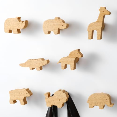 Beeveer 8 Pack Safari Animal Kids Coat Hooks Wall Mount Wooden Coat Rack for Kids Room Nursery Wood Wall Hooks for Hanging Hats, Backpacks, Towels, Keys and Clothes