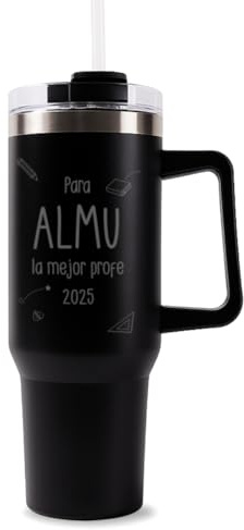 DEREGALOOS Botella Térmica Grabada 1,18 L Acero Inoxidable. Vaso con Pajita y Asa. Personalización Láser con Nombre o Texto. Regalo Original para Mamás, Papás o Profesores (Negro - Mejor Profe)