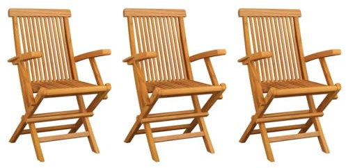 Mokuyary Trädgårdsstolar, set om 3, massivt trä, teak, balkongstol, terrassstolar, matstolar för terrass, trädgård, balkong