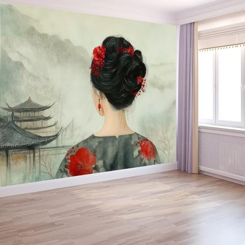 Cinese Donne Carta Da Parati, Acquerello Fiori Architettura Murale 200 X 140 Cmnon Tessuto Carta Da Parati Grigio Chiaro Per Camera Letto Tv Decorazione Sfondo Fotomurali In Murale Alla Moda Da Muro