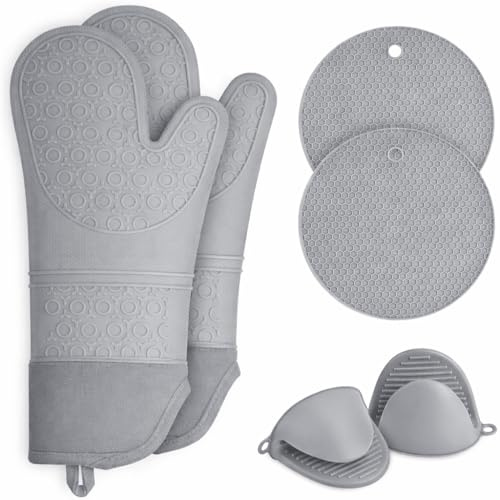 Brown Feather Silicone Oven Gloves Set Of 6 - Heat Resistant Mitts Kitchen six Pieces, Cooking Glove With Fingers Holders, Grey Double Proof Pot Mitt, Baking Silicon Air Fryer Hot Food Top Mittens