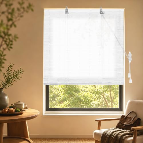 HOMEDEMO PE Tenda a rullo per Interni e Esterni, effetto bambù, Impermeabile, Protezione UV e Privacy, Tende Oscurante per Balconi e Terrazze, veneziane di Ventilazione, Bianco crema, 150x160cm