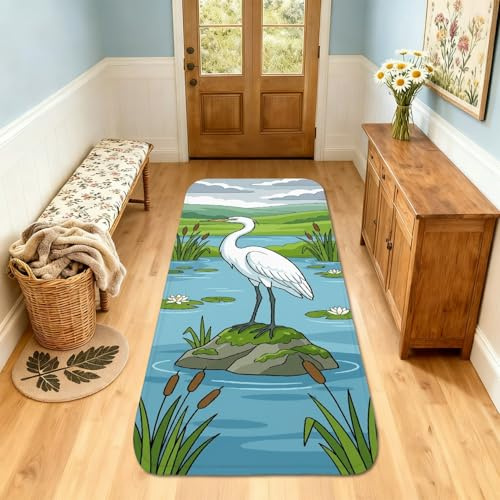 Tappeto runner Airon, con gigli paesaggistici con canne primaverili blu, in spugna a pelo basso, rettangolare, bordatura per cucina, ingresso, comodino, lavanderia, decorazione, 0,6 x 2,3 m