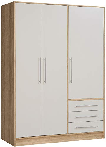 Forte Jupiter Armoire à vêtements 3 Portes, 3 tiroirs, matériau à Base de Bois, chêne Sonoma + Blanc, 144,6 x 60 x 200 cm