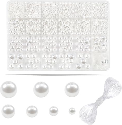 TOAOB 1400 Stück Perlen Weiß Kunstperle Perlen zum Auffädeln Schmuck | Runde mit Loch Set für Jewelry Making 4mm 6mm 8mm 10mm für Dekorieren Kleidung für Halsketten Armbänder Schmuckherstellung