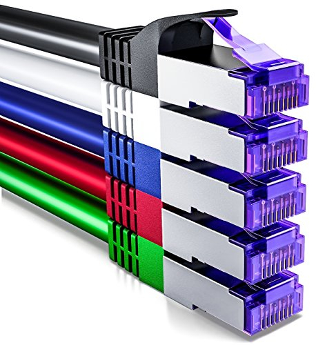 deleyCON 5x 0,5m CAT7 Câble Réseau - 10 Gigabit - Court 50cm RJ45 Câble de Raccordement Câble Ethernet (Cuivre, SFTP PiMF Blindage) LAN DSL Modem Routeur Panneau de Brassage CAT7 CAT6 CAT5 - Coloré