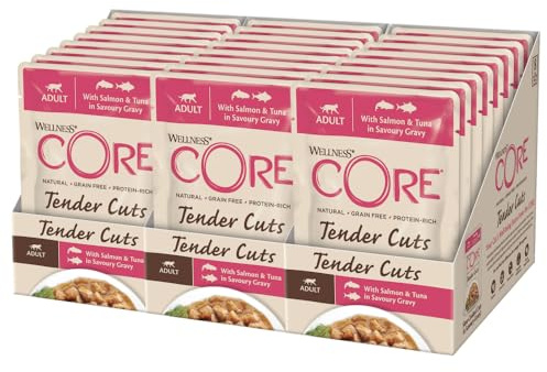 Wellness CORE Tender Cuts 24 x 85g, Salmone/Tonno – Morbidi Pezzi per Gatti Adulti, Senza cereali, Naturale, Ipoallergenico, Ricco di Proteine, Alto Contenuto di Pesce,