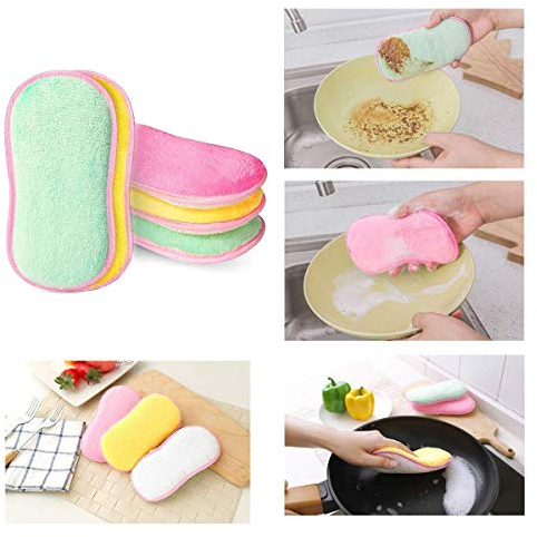 SlyScrub Kitchen Scouring Pads, 3pcs Double Sided Sponges Scrubbing Scourer Antibacterial Microfiber Cleaning Wiping Rags Great for Pans Pots Bowl Cookware