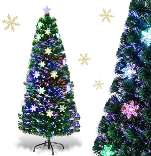 RELAX4LIFE Albero di Natale Artificiale 150cm con Luci in Fibre Ottiche e Addobbi: 1 Stella e 24 Fiocchi di Neve a LED, 170 Rami Folti e Realistici in PVC, Base Pieghevole in Ferro (150 cm)