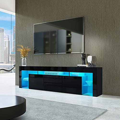 Senvoziii 200cm Modern High Gloss TV Stand Cabinet Unit with 2 Doors 2 Drawers LED Light for Living Room Bedroom with Ample Storage Furniture - Black