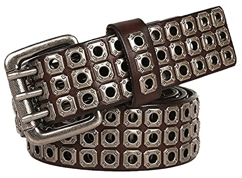 YDYBY Herren Damen 3 Reihen Nieten Echtleder Gürtel Punk Rock Style Nietengürtel für Oder Gothic-Outfits 105cm - 125cm Länge,Braun,105CM