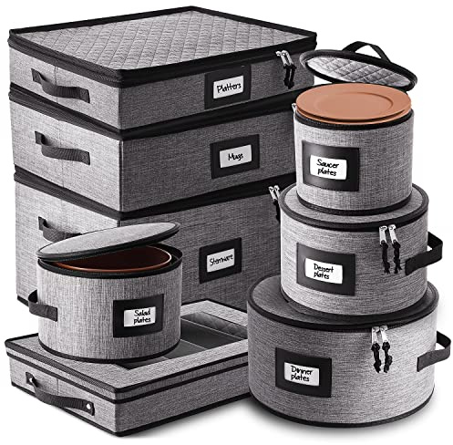 STORAGEBUD China Storage Containers Hard Shell, 8 Piece Flatware & Utensil with Mug Storage, Wine Glass 4 Dish Platter Case, Padded Dinnerware Containers, (sb-hds-09)