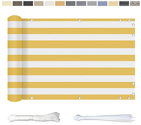 YangAera Balkon Sichtschutz 70x800CM, Windschutz Wasserdicht und UV-Schutz Balkonabdeckung - mit Ösen Kabelbinder und Kordel, für Balkongeländer Terrasse Garten (Gelbe und Weiße Streifen)