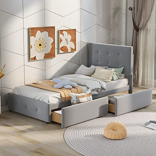 Moimhear Cama Juvenil + 2 Cajones y Estante, Cama Tapizada de 90 x 200 cm, Cama Individual Infantil, Cama Juvenil, Cama de Invitados (Gris)