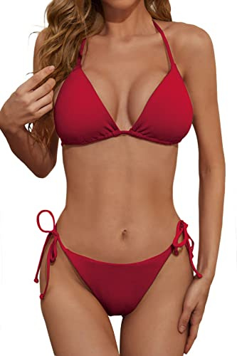 Zuvebamyo Women Sexy Ribbed Halter Triangle String Bikini Set Red S
