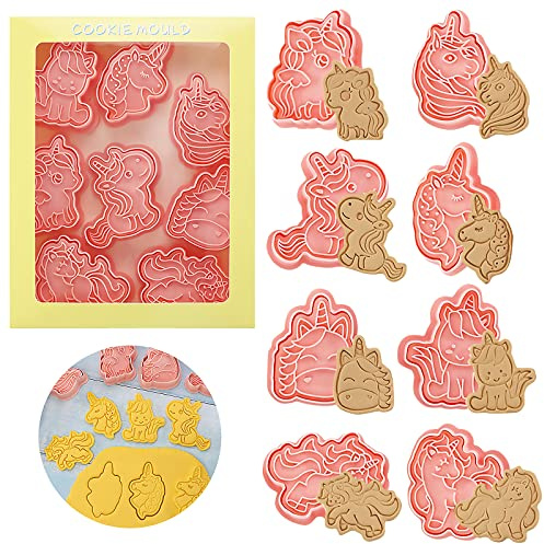 Einhorn Ausstechform, 8 Stück Ausstechformen Kinder, Keksausstecher, Plätzchen Ausstecher, Cookie Cutter kinder, Keksstempel, 3D Keks Ausstechform für Fondant, Kuchendeko, Backen Küche Zubehör
