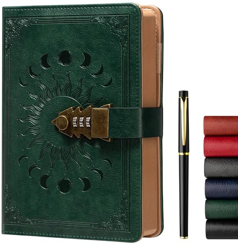 Tagebuch mit Schloss für Frauen/Männer, geheimes Tagebuch für Mädchen, A5 Notizbuch mit Stift Set, nachfüllbares Leder Journal Schreiben Notizbuch mit Stift, Größe A5(8.5 × 5.9 Zoll) Schwarzgrün