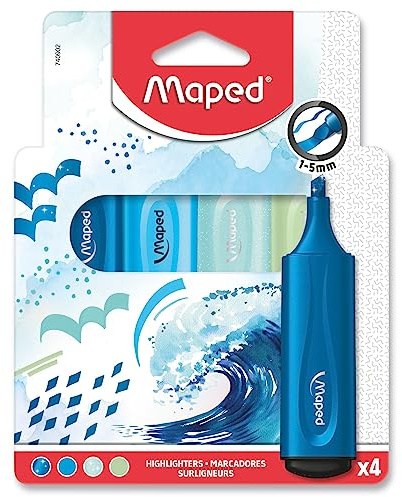 Maped - 4 Textmarker Fluo'Peps – abgeschrägte Spitze – Textmarker mit langer Haltbarkeit – Schul- und Berufsgebrauch – Pastell-Textmarker, Neon und Glitzertinte – Thema Ozean blau/grün