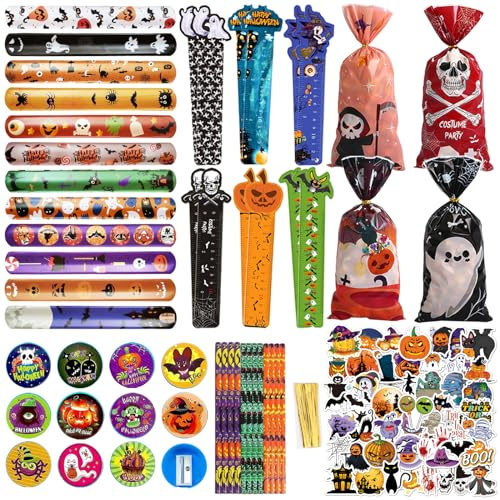 Halloween Schreibwaren Set, 110 Stück Halloween Mitgebsel Kinder, Halloween Schreibwaren Inklusive Bleistifte Lineale Slap Armbänder, Halloween Party Mitgebsel, Party Zubehör für Halloween Geschenk