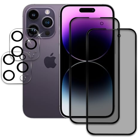 AKLPP 2+2 Stück Sichtschutz Schutzfolie für iPhone 14 Pro, 2 Stück Displayschutz und 2 Stück Kameraschutz, Privacy Schutzglas Schutzfolie, Kratzfest
